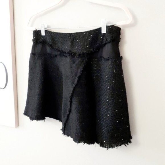 NWT Zara black textured sequin & semi-sheer frayed mini skirt, M - Picture 9 of 13